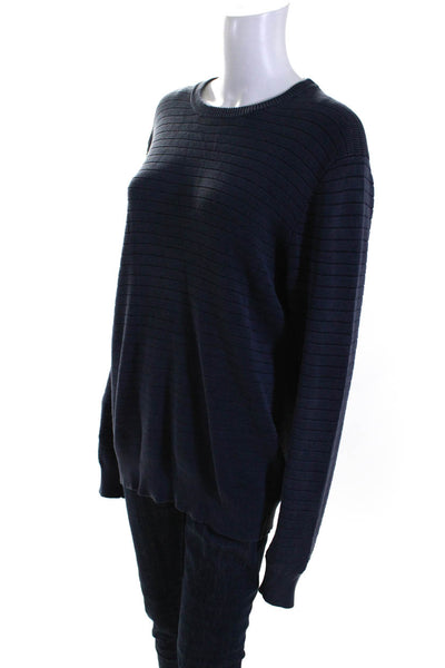 Tahari Womens Cotton Ribbed Knit Crew Neck Long Sleeve Sweater Top Blue Size L