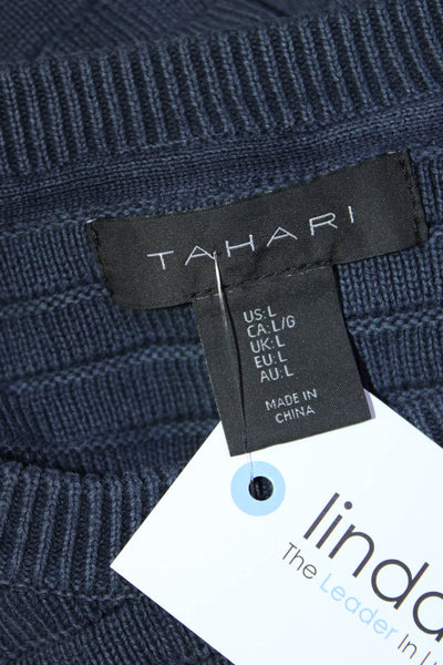 Tahari Womens Cotton Ribbed Knit Crew Neck Long Sleeve Sweater Top Blue Size L