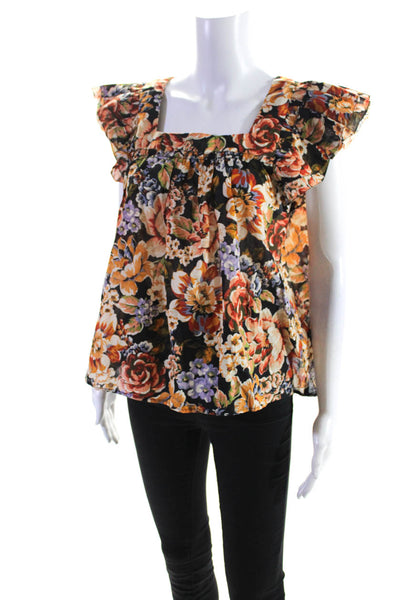 Olivaceous Womens Cotton Short Sleeve Floral Square Neck Blouse Orange Size M