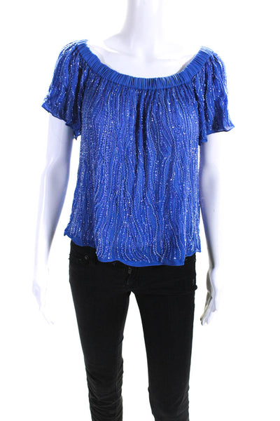 Parker Womens Short Sleeve Striped Beaded Embroidered Blouse Top Blue Size XS