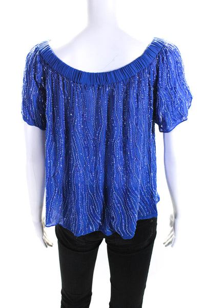 Parker Womens Short Sleeve Striped Beaded Embroidered Blouse Top Blue Size XS