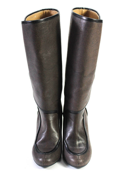 Balenciaga Womens Leather Double Buckle Wedge Knee High Boots Brown Size 7US 37E
