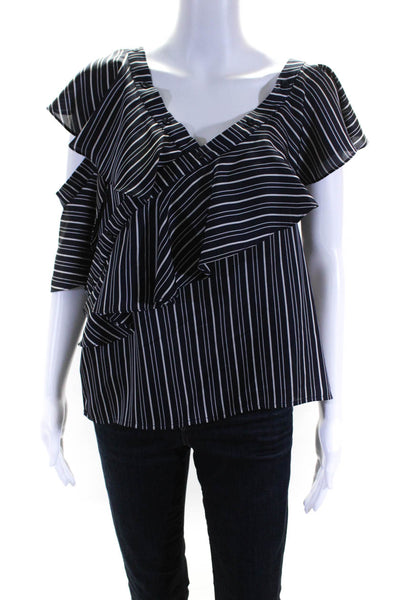 J.O.A. Womens Short Sleeve White Striped Layered V-Neck Blouse Navy Blue Size M