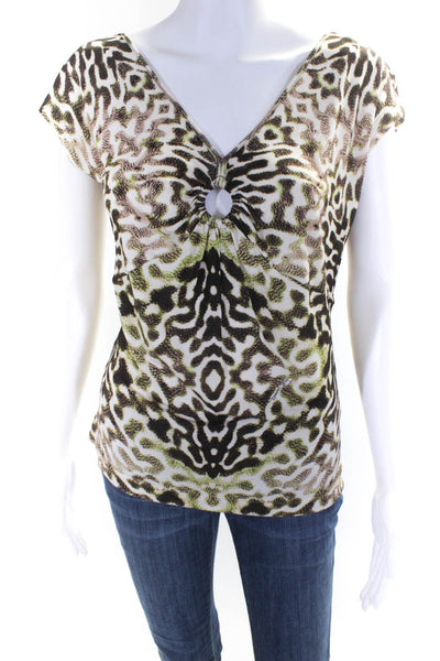 Roberto Cavalli Womens Animal Print Cut Out V-Neck Blouse Top Multicolor Size XL