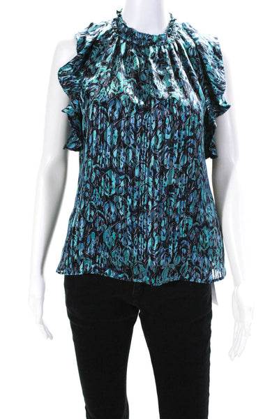 Ramy Brook Womens Silk Printed Short Sleeves Blouse Blue Size Extra Small