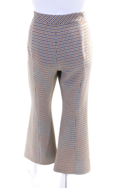 Rosetta Getty Womens Stretch Plaid High Rise Flared Pants Trousers Beige Size L