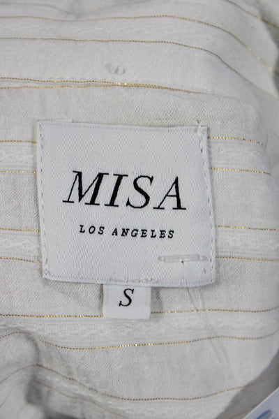 Misa Womens Cotton Striped Pom Pom Trim Button Up Blouse Top White Size S