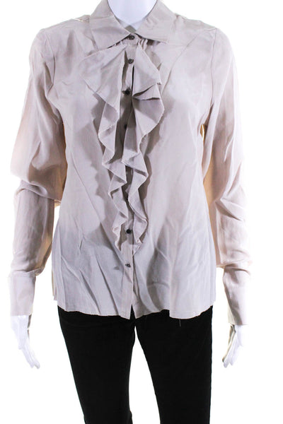 Go By GoSilk Womens Button Front Collared Ruffled Silk Shirt Brown Size Small