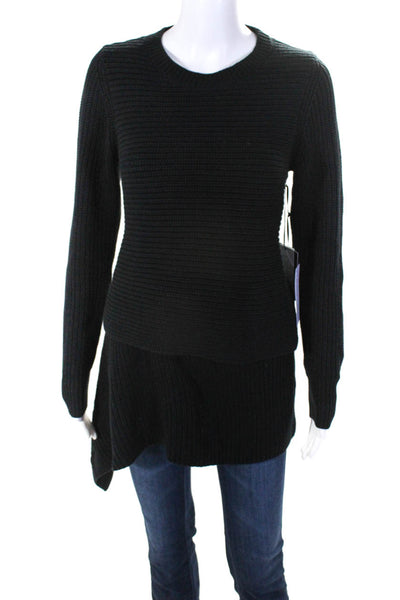 Carlisle Women's Long Sleeve Thick Knit Asymmetric Hem Crewneck Sweater Black Si
