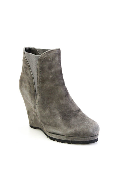Neiman Marcus Womens Suede Stretch Inset Wedge Ankle Boots Gray Size 5.5 Medium