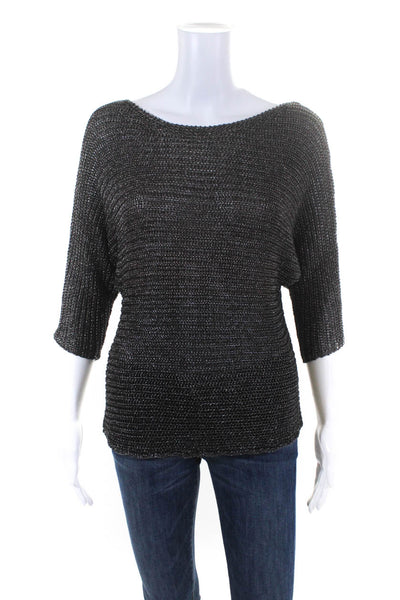 Vince Womens Open Knit Boat Neck 3/4 Sleeve Pullover Sweater Top Black Size S