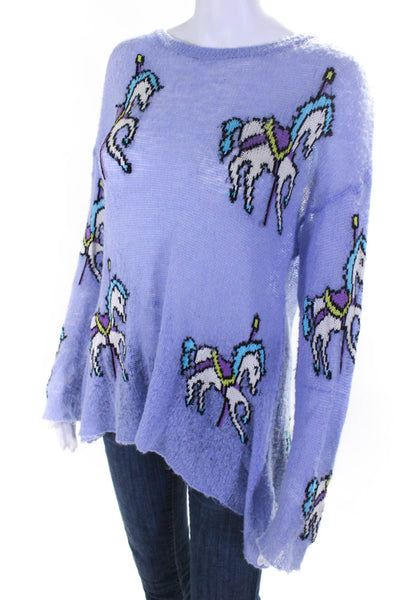 Designer Womens Knit Carousal Horse Scoop Neck Sweater Top Lavender Size M