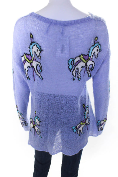Designer Womens Knit Carousal Horse Scoop Neck Sweater Top Lavender Size M