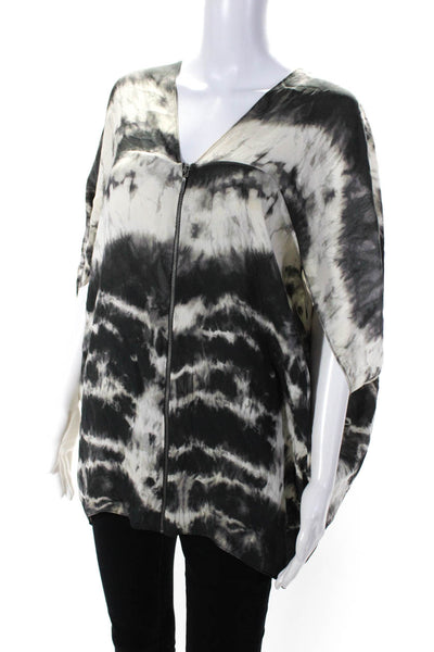 Nicole Miller Womens Silk Tie Dye Striped Front Zipped Blouse Top Gray Size 2