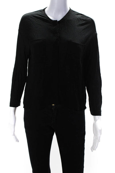 T Alexander Wang Womens Striped Buttoned Collared Long Sleeve Top Black Size XS