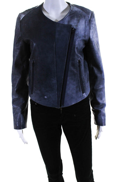 Cut 25 Womens Leather Darted Asymmetrical Zipped Long Sleeve Jacket Blue Size 6