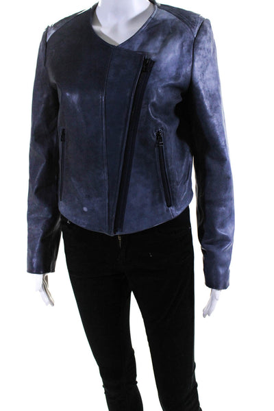 Cut 25 Womens Leather Darted Asymmetrical Zipped Long Sleeve Jacket Blue Size 6