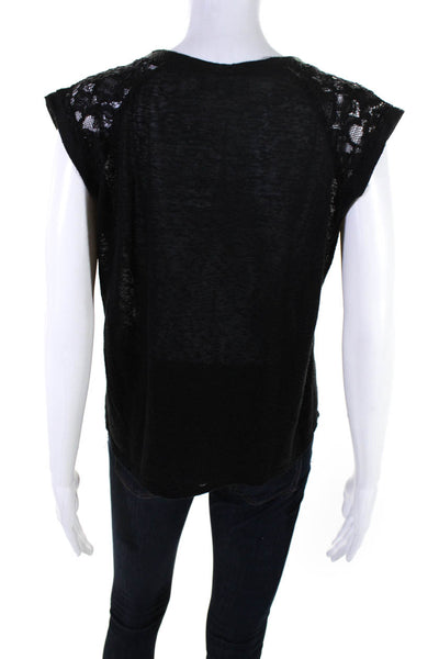 Alexis Womens Lace Trim Cap Short Sleeve V-Neck Blouse Top Black Size S