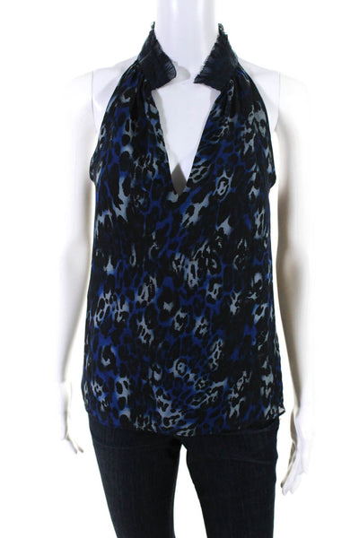 Ramy Brook Womens Silk Animal Print Ruffled Sleeveless Blouse Top Blue Size XS