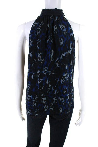 Ramy Brook Womens Silk Animal Print Ruffled Sleeveless Blouse Top Blue Size XS