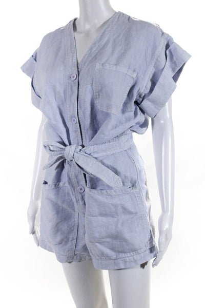 Overlover Womens Linen Short Sleeves Button Down Romper Blue Size Small