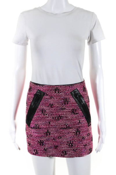 Kelly Wearstler Womens Leather Trim Tweed Mini Skirt Pink Black Size 0