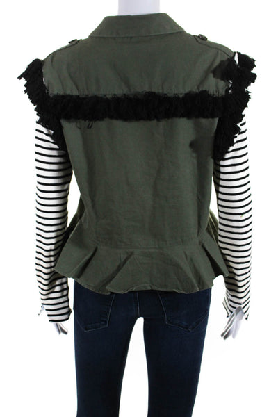 English Factory Womens Striped Long Sleeve Fringe Trim Blouse Top Green Size M