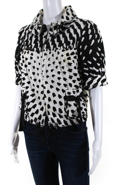 Jon Womens Short Sleeve Spotted Collared Zip Up Blouse Top Black & White SIze 4