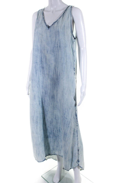 Joan Vass Womens Chambray V-Neck Sleeveless Shift Maxi Dress Blue Size L