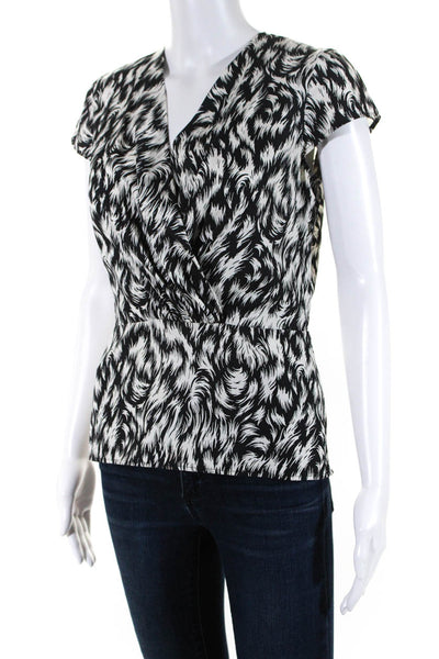 Derek Lam Womens Silk Printed V-Neck Cap Sleeve Zip Up Blouse Top Black Size 4