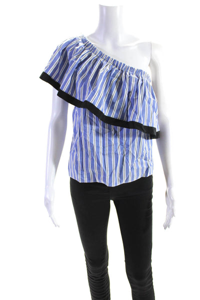 Milly Womens Cotton Striped One Shoulder Ruffled Blouse Top Blue Size P
