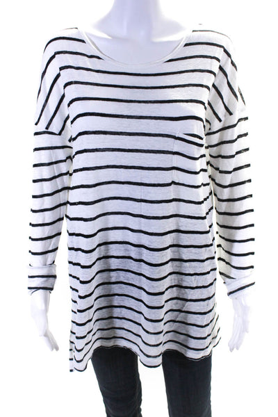Vince Womens Long Sleeve Scoop Neck Striped Linen Shirt White Black Size Small