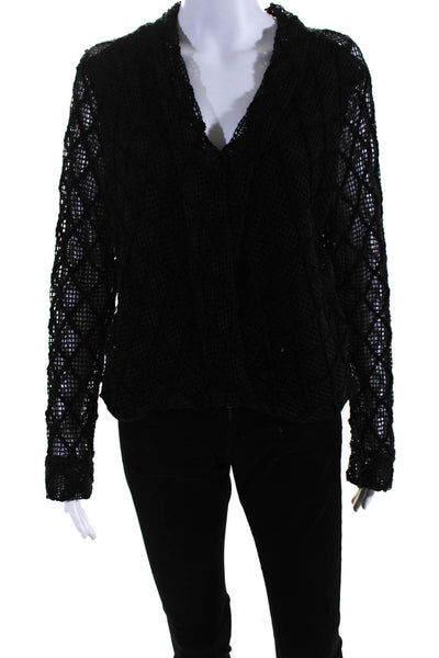 T Bags Los Angeles Womens Geometric Knitted Mesh Textured Sweater Black Size S