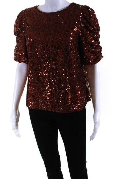 Anthropologie Womens Sequined Boat Neck Ruched Short Sleeve Blouse Orange Size 6