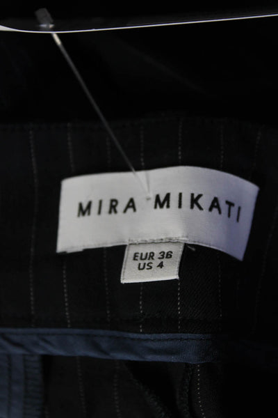 Mira Mikati Womens Pin Striped Ribbon Trimmed Straight Leg Pants Navy Size 4