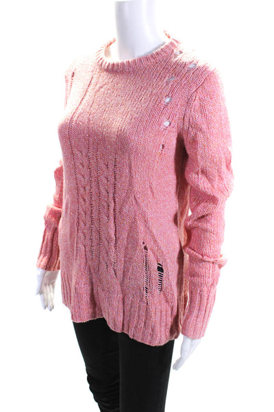 Raquel Allegra Womens Wool Long Sleeve Distressed Rib Knit Sweater Pink Size 1