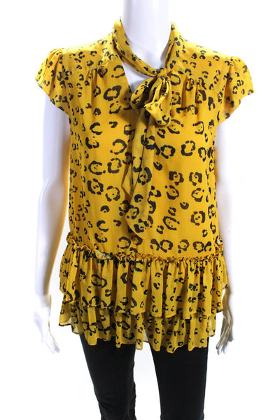 Nicole Miller Womens Yellow Yellow Leopard Tie Blouse Size 6 14043398