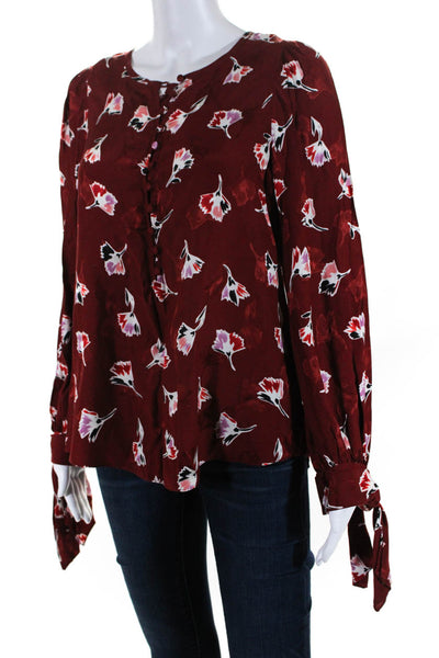 Rebecca Taylor Womens Floral Print Round Neck Long Sleeve Blouse Top Red Size 6