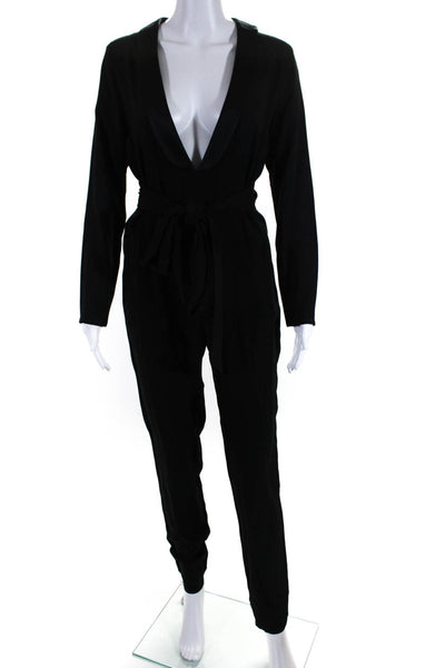 TeoToki Womens Black Collar Zip Back Long Sleeve Straight Leg Jumpsuit Size M