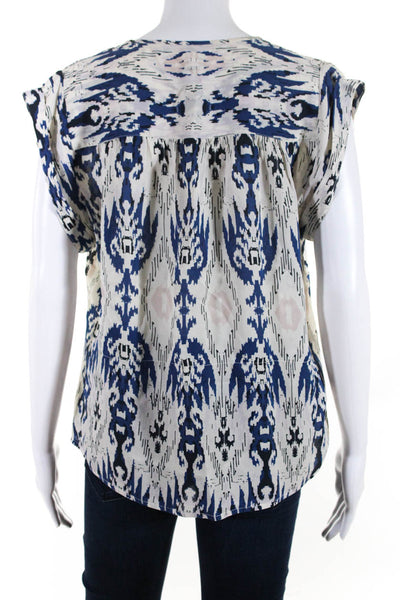 Ulla Johnson Women's Silk Short Sleeve Abstract Print Blouse White/Blue Size 6