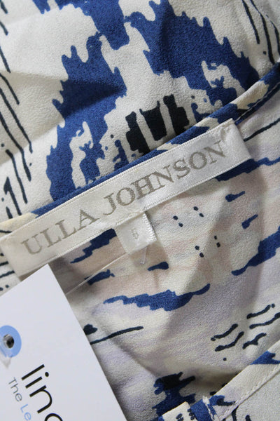 Ulla Johnson Women's Silk Short Sleeve Abstract Print Blouse White/Blue Size 6