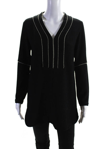 Nanette Lepore Womens Beaded Trim Long Sleeve V-Neck Tunic Blouse Black Size XS