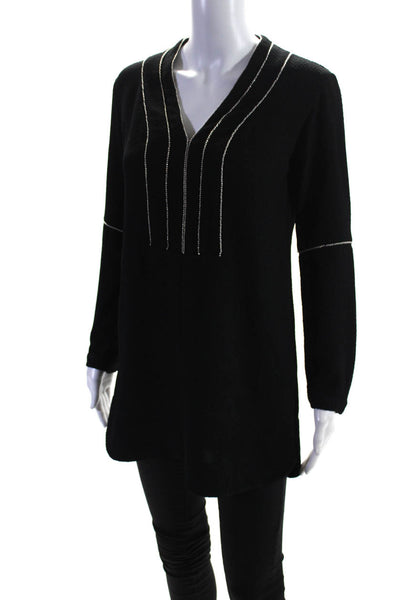 Nanette Lepore Womens Beaded Trim Long Sleeve V-Neck Tunic Blouse Black Size XS