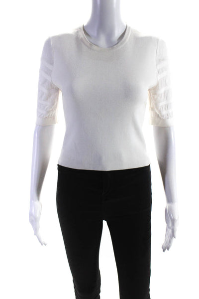 Cushnie Womens Sheer Striped Half Sleeved Round Neck Blouse Top White Size M