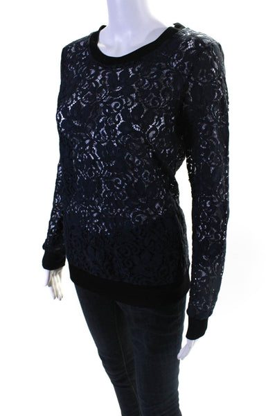 Theory Womens Sheer Cotton Lace Scoop Neck Long Sleeve Blouse Top Navy Size S