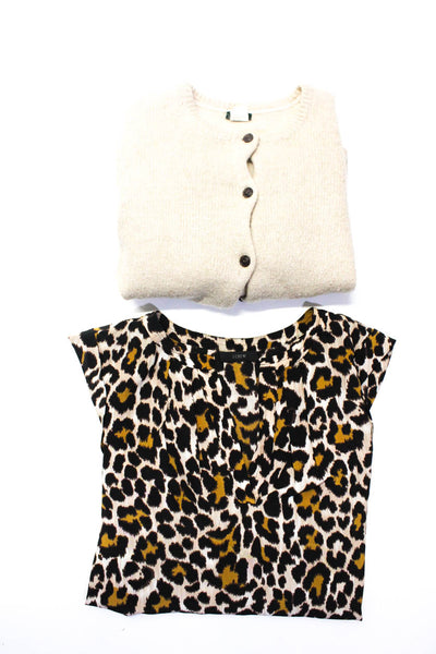 J Crew Womens Cardigan Brown Silk Animal Print V-Neck Blouse Top Size L Lot 2