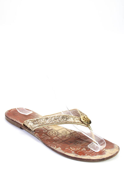 Tory Burch Womens Leather Glitter Flat Flip Flops Sandals Gold Tone Brown Size 9