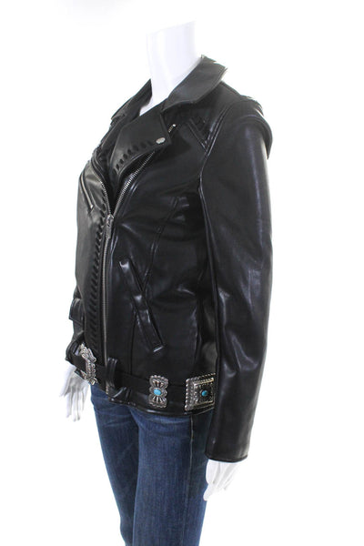 Ettitwa Womens Texture Belted Buckled Hem Zipped Motorcycle Jacket Black Size XS