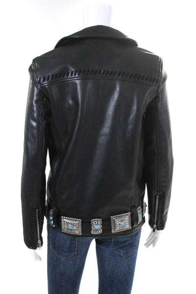 Ettitwa Womens Texture Belted Buckled Hem Zipped Motorcycle Jacket Black Size XS