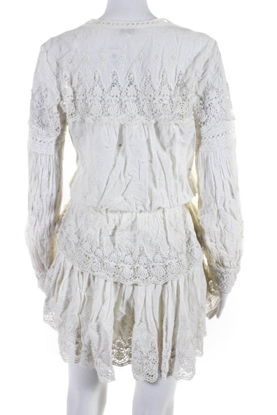 Love Shack Fancy Women's V-Neck Long Sleeve Lace Trim Tiered Dress White Size S